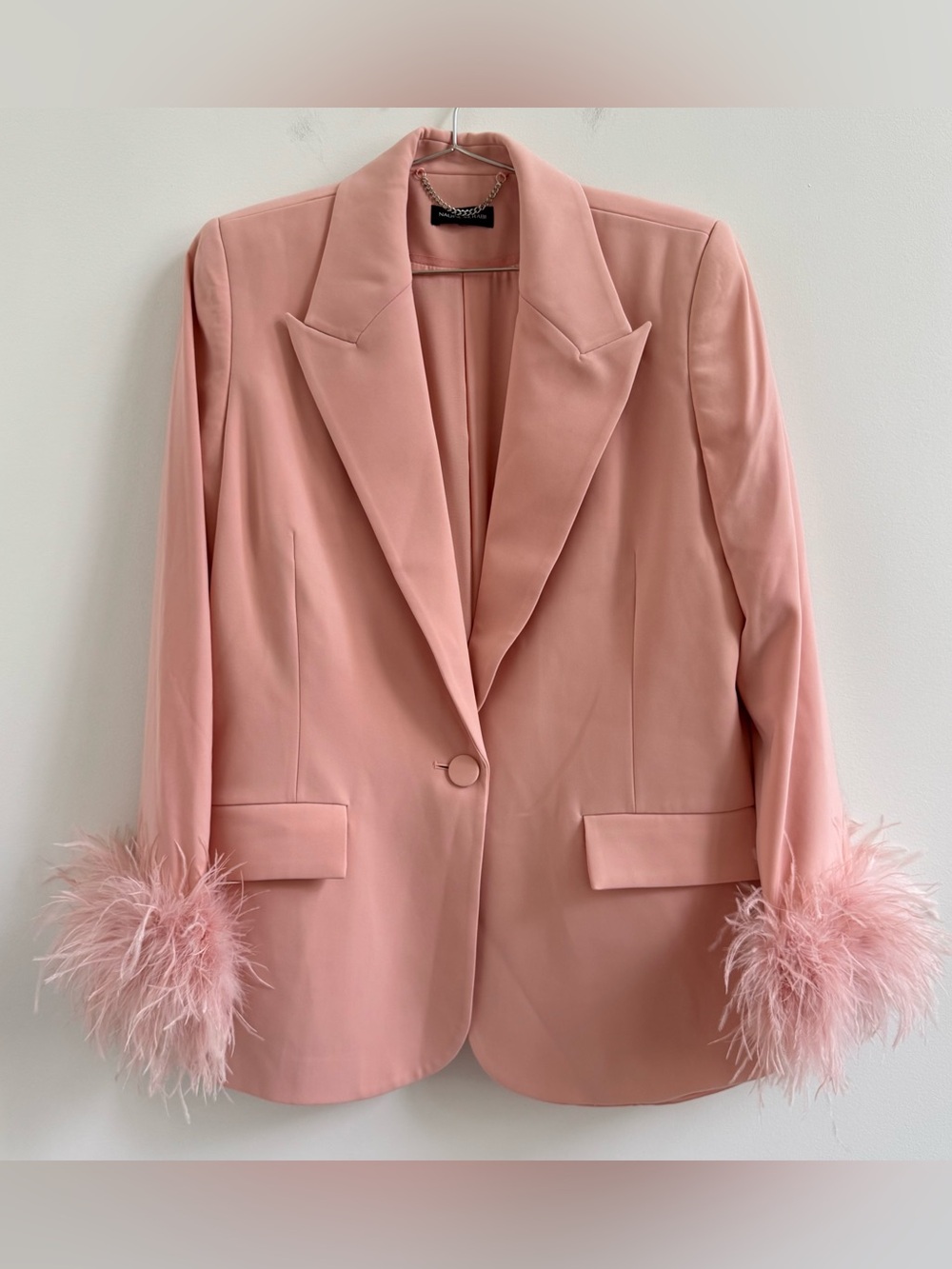 NADINE MERABI Dusty Pink Feather-Trim Blazer Pantsuit - Picture 9 of 14